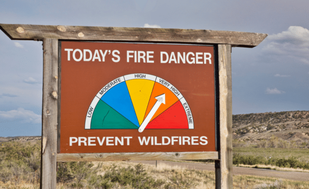 High fire danger roadside sign in Colorado for Wildfires