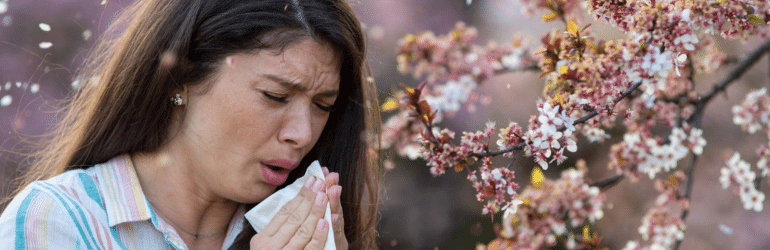 Girl sneezing in front of blooming tree in spring